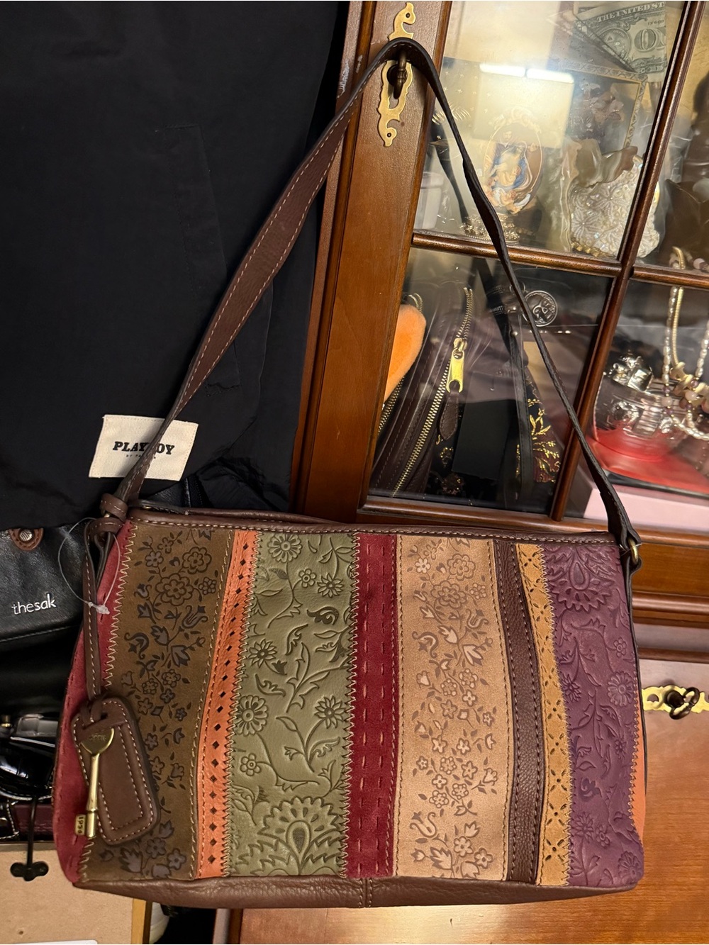 Fossil Embossed Leather Patchwork Shoulder Bag in Warm Earthy Colors NWT